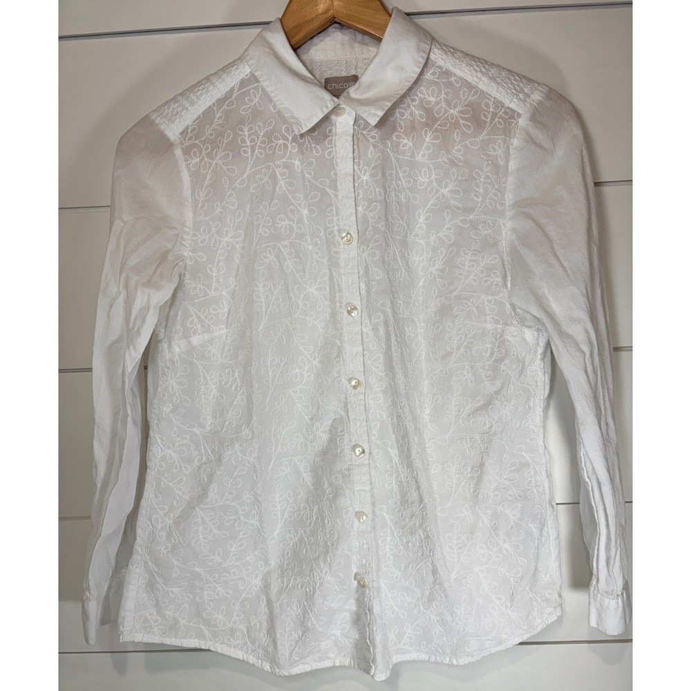 Women's CHICO'S White Vines Embroidered Button Up Shirt Blouse Size 0, US Sz 4/6
